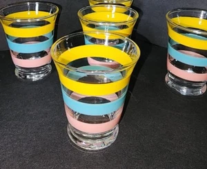 5 4 Unzen Cocktail Saft Glas BARWARE Retro Mid Century MCM gestreift 3" bunt  - Bild 1 von 11