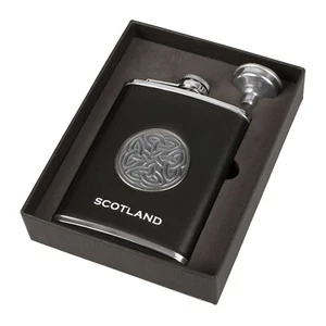 SCOTLAND CELTIC EMBLEM HIP FLASK/FUNNEL 8 oz STAINLESS STEEL BLACK LEATHER, NEW! - Picture 1 of 8