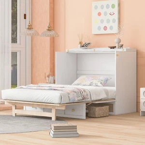 Wood Queen Size Murphy Bed Frame with Large Drawer For Bedroom Living Room White - Picture 1 of 9