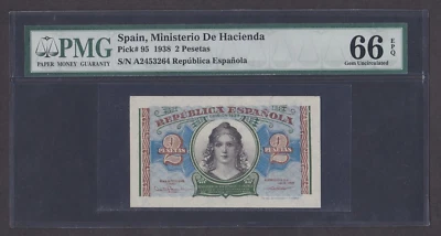 [PMG-66 EPQ] 1938 Spain 2 Pesetas P-95 A2453264 - Image 1 of 2