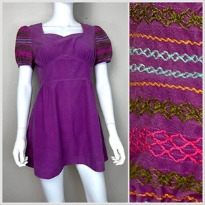 Vtg 1970s Purple Velour Mini Dress Embroidered Puff Sleeves Terri Petites 60s 70 - Picture 1 of 5