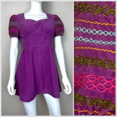 Vtg 1970s Purple Velour Mini Dress Embroidered Puff Sleeves Terri Petites 60s 70 - Image 1 of 4