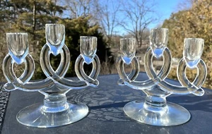 Vtg Art Deco Pr Crystal Clear LARIAT Triple Candle Holders Elegant Heisey Glass - Picture 1 of 8