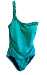 NWT Profile Gottex One Shoulder Ruffle Frill 1 Pc Teal Swimsuit Sz 14 MSRP $144 - Picture 1 of 11