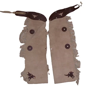 Vintage Real Leather Western Chaps Youth/Child Size Cowboy Tan Brown - Picture 1 of 2