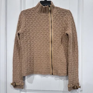 Saks Fifth Avenue Women’s Cashmere Sweater Cardigan Leather Trim Full Zip - Picture 1 of 10