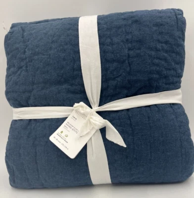 Pottery Barn Belgian Flax Linen Handcrafted Quilt Twin Denim Blue 68x86" #3116 - Image 1 of 4