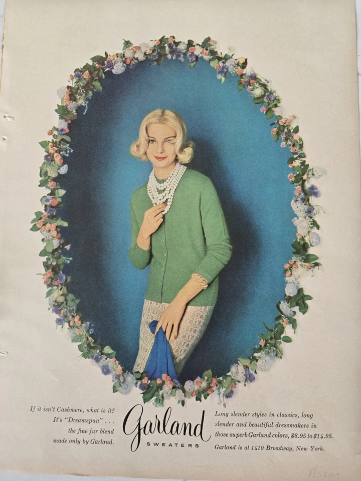 1958 Mujer Green Garland Dreamspun Like Cashmere Suéter Vintage Moda Anuncio Foto 1 de 1