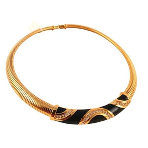 VINTAGE Black Enamel & Crystal Rhinestone Gold Tone Omega Collar Choker Necklace - Picture 1 of 6
