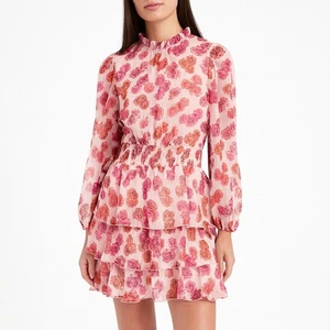 Review Dress AUS 10 US6 Mini Pink Celeste Floral Ruffle Tiered Long Sleeve - Picture 1 of 10