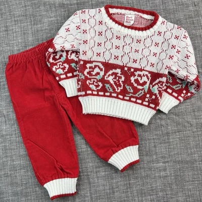 Conjunto de pantalones suéter de pana tejido vintage Baby Park Bench niños 12 M rojo vacaciones Foto 1 de 4