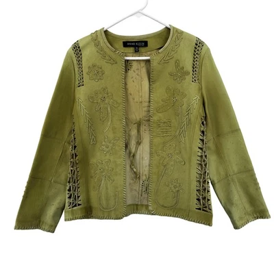 Anne Klein Jacket Womens Petite Medium Leather Floral Embroidered Boho Cutout Foto 1 de 4