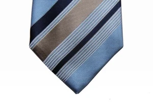 Battisti Tie Light blue & tan with white & navy stripes, hidden pocket, pure sil - Imagen 1 de 2