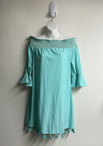 Cabana Life Dress Solid Smocked Off Shoulder Dress Tassel Bell Sleeves UPF 50+ - Picture 1 of 8