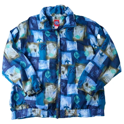 Chaqueta cortavientos Active Studio de colección para mujer 1X azul estampado de hojas abstractas años 90 Foto 1 de 4