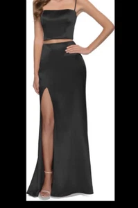 Jupe robe satinée femme La Femme taille O longueur maxi fente devant noir formel - Photo 1/9