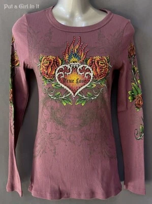 New VOCAL Womens MULTI CRYSTAL OLD SCHOOL PURPLE TRUE LOVE TATTOO SHIRT M L - Image 1 of 3