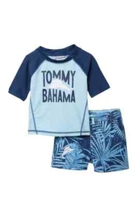 Tommy Bahama 18M Boy's 2 Pc S/S Blue Rash Guard Swimsuit Trunks Swim Shorts UV - Picture 1 of 2