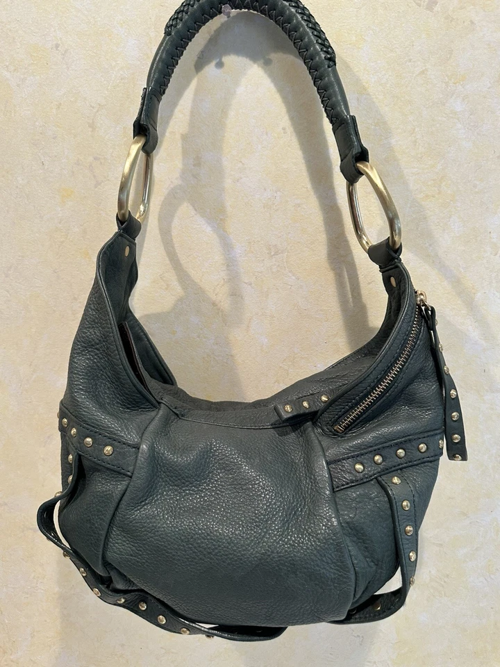 COLE HAAN Pebbled Leather Green Handbag Or Shoulder Small Purse Brass Studs 43 - Image 1 of 4