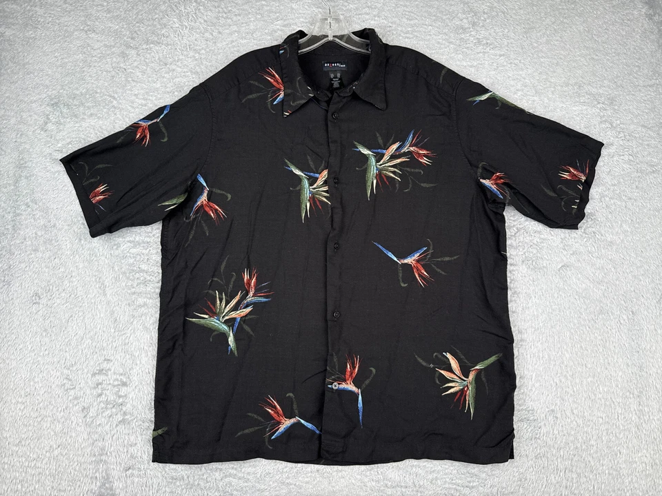 Axcess Shirt Mens 2XL XXL Black Floral Bird Of Paradise Hawaiian Button Up Rayon - Image 1 of 4