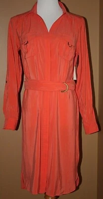 Suzi Chin Orange Coral Silk Shirt Dress 6 NWT Button Front Belt Asymmetrical  - Image 1 of 4