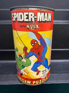Vintage 1974 HG Toys Spider-Man Hulk 78 Teile 12 Zoll rundes Puzzle in Metalldose - Bild 1 von 7