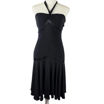 VTG bebe S Black Silk Trim Halter Fit Flare Dress Retro Y2K Cocktail Whimsigoth - Image 1 of 4