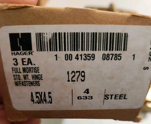 Set of 3 Hager Full Mortise Std. Wt Hinge w/Fastener Steel (Brass Finish)4.5x4.5 - Picture 1 of 5