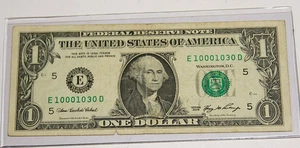 FANCY SERIAL # $1 FRN- LOW SERIAL -TRINARY-  LOW SUM OF 5 (( E 10001030 D )) - Picture 1 of 3