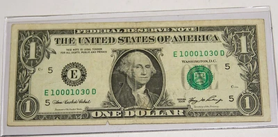 FANCY SERIAL # $1 FRN- LOW SERIAL -TRINARY-  LOW SUM OF 5 (( E 10001030 D )) - Image 1 of 3