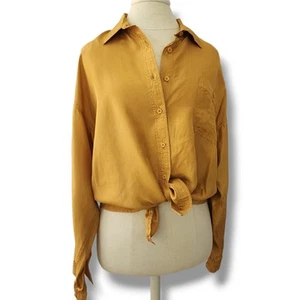 Vtg 100% Silk Button Down Blouse Size M Citrus Yellow Mustard Coastalgranny  - Picture 1 of 8