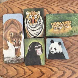 "De colección Arte Popular Animal de la Selva 5 Caras Arte de Pared Pintado a Mano en Madera 6-13""L Firmado" - Imagen 1 de 18