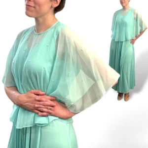 Mesh & Pearl Cape 70s Vintage Prom Dress in Aqua Blue Green Fairy Formal Gown - Picture 1 of 11