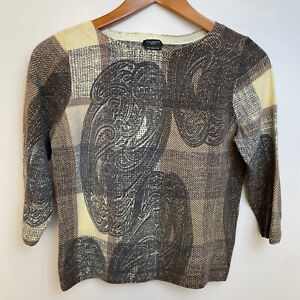 Talbots Womens Paisley Pure Merino Wool Sweater 3/4 Sleeve Size L Petites Brown