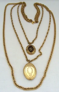 1928 Gold-Tone Layered Locket Necklace With Brown Striped Stone - Picture 1 of 10