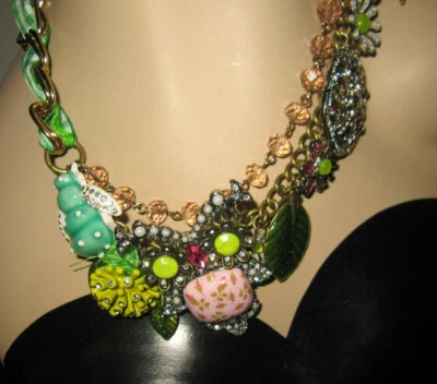  Betsey Johnson Vintage Critters Floral Owl With Charm Ribbon Statement Necklace - Image 1 of 4