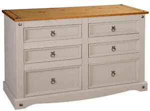 Corona Grey Chest of Drawers Pine 6 Drawer 3+3 Solid Pine Mexican Wax Sideboard