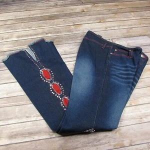 Pantalones de mezclilla acampanados adornados Lazer lavado oscuro talla 11 ligeramente desgastados aberturas laterales - Imagen 1 de 11