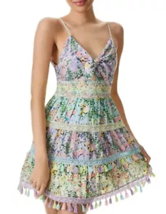 Alice + Olivia Karolina Tie Front Tiered Tassel Cutout Mini Dress Size 14 - Picture 1 of 15