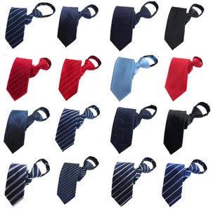 Men 8CM Wide Pre-tied Zipper Necktie Stripe Check Dot Solid Wedding Zip Tie - Picture 1 of 19