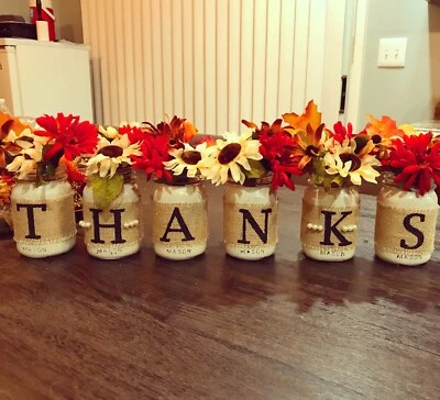 Thanks Fall Autumn Rustic Farmhouse Mason Jar Decor Thanksgiving - Image 1 of 2