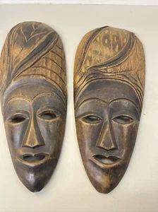 2 Tribal 12” Face Mask Hand Carved Wood Wall Hanging Art Sculpture Collectable - Picture 1 of 20