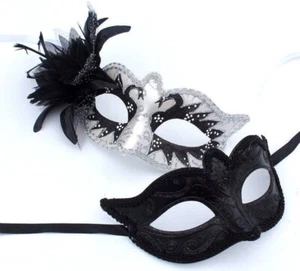 PAIR OF COUPLES BLACK WHITE & SILVER VENETIAN MASQUERADE PARTY BALL SWAN MASKS - Picture 1 of 2