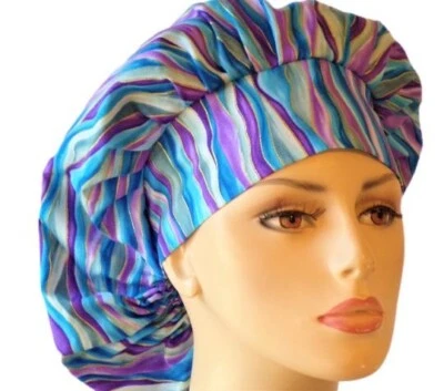 Scrub Hats-Blue Purple Striped-Women's Bouffant Surgical Scrub Hat/ Handmade - Image 1 of 4