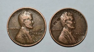 168i. 2 LINCOLN WHEAT CENT ERRORS: 1930 P, 1935 P STRUCK W/ OBV LAMINATION ERROR - Picture 1 of 2