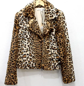 Rebecca Minkoff Hudson Leopard Faux Fur Moto Mob Jacket Cropped Buckle Women's M - Picture 1 of 6