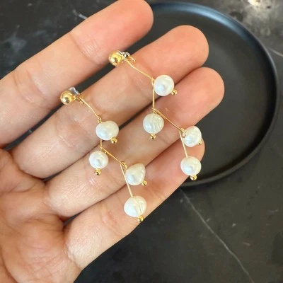 Natural Freshwater Pearl Earrings 14K Gold Plated Beaded Women Engage Jewelry - image 1 of 4