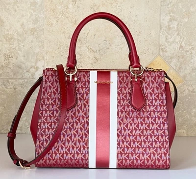 Michael Kors Marilyn Medium Satchel Shoulder Bag Center Stripe MK Cherry - Image 1 of 4