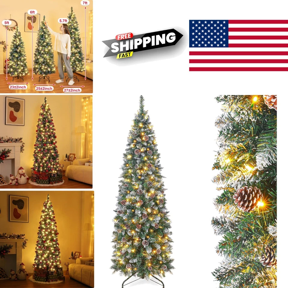Homde Pencil Christmas Tree 5 Foot Pre-Lit Artificial Christmas Tree with Flocke