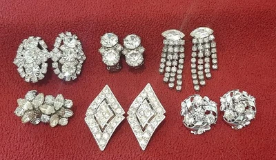 Lote De Colección De 6 Pendientes Clip De Estrás Vintage Pr Blanco, Estrella, etc. Foto 1 de 4